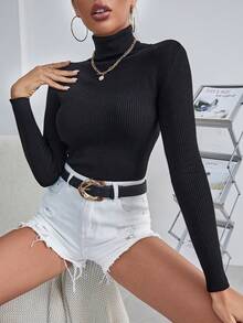 Selamara Solid High Neck Rib Knit Sweater,Long Sleeve Tops Knit Pullover Fall Winter - Black - View 5