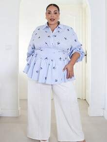 Pretty and Ole Plus Size Striped Collared Ruched Elegant Shirt, Striped Bow Print, Blue Striped Shirt, Ruched Waist, Back Ruched - Blue - View 5