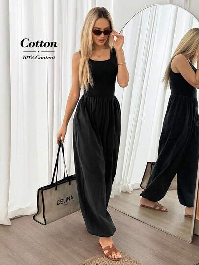 Easowa Black Casual Solid Cami Ruched Wide Leg Jumpsuit Women's Solid Color Pleated Casual Jumpsuit Pants For Daily Wear Travel Summer
