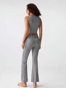 Loungeista 2pcs Set Spring Summer Autumn Casual Pajamas, Solid Color Drawstring Flared Pants Loungewear Set, Slimming Commuter Sleepwearfor Summer - Grey - View 2