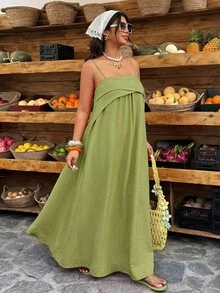 Weeklong Vestido de tirantes finos de unicolor minimalista para vacaciones de verano para mujer de talla grande - Limelight Green - Ver 4
