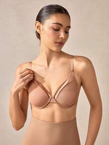 Bisouelle Áo ngực nâng ngực WINGSLOVE bằng lưới xuyên thấu cổ chữ V - Dây đeo chéo lưng có thể điều chỉnh và tháo rời, nhẹ, thoải mái, không lộ viền, thích hợp mặc hàng ngày. - Lạc đà - Xem 4