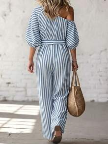 SHEIN LUNE Women's Summer Stripe Stripe Boho Holiday Vacation Holiday Asymmetrical Shoulder Jumpsuit,Cinched Waist Loose Elegant Chic Outfit Vacation - Blue and White - View 3
