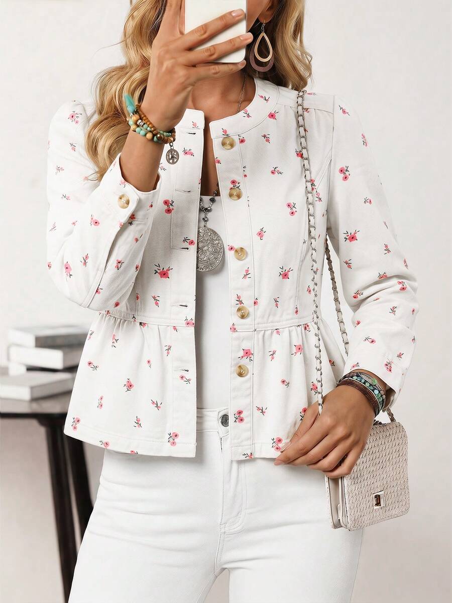 EMERY ROSE Áo khoác denim nữ kiểu dáng thường ngày họa tiết hoa nhỏ li ti cài cúc phía trước - trắng - Xem 1