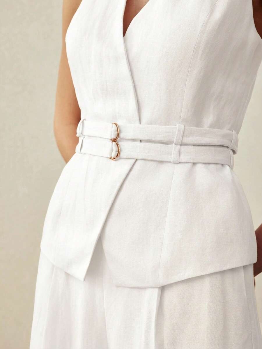 MOTF PREMIUM LINEN DOUBLE WAIST BELT HALTER BLAZER VEST, SPRING/SUMMER - White - View 2