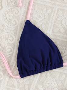 Swim Mod 2件/組 新款夏季純色性感露背掛脖綁帶女式泳衣套裝 - 藏蓝色 - 查看 4