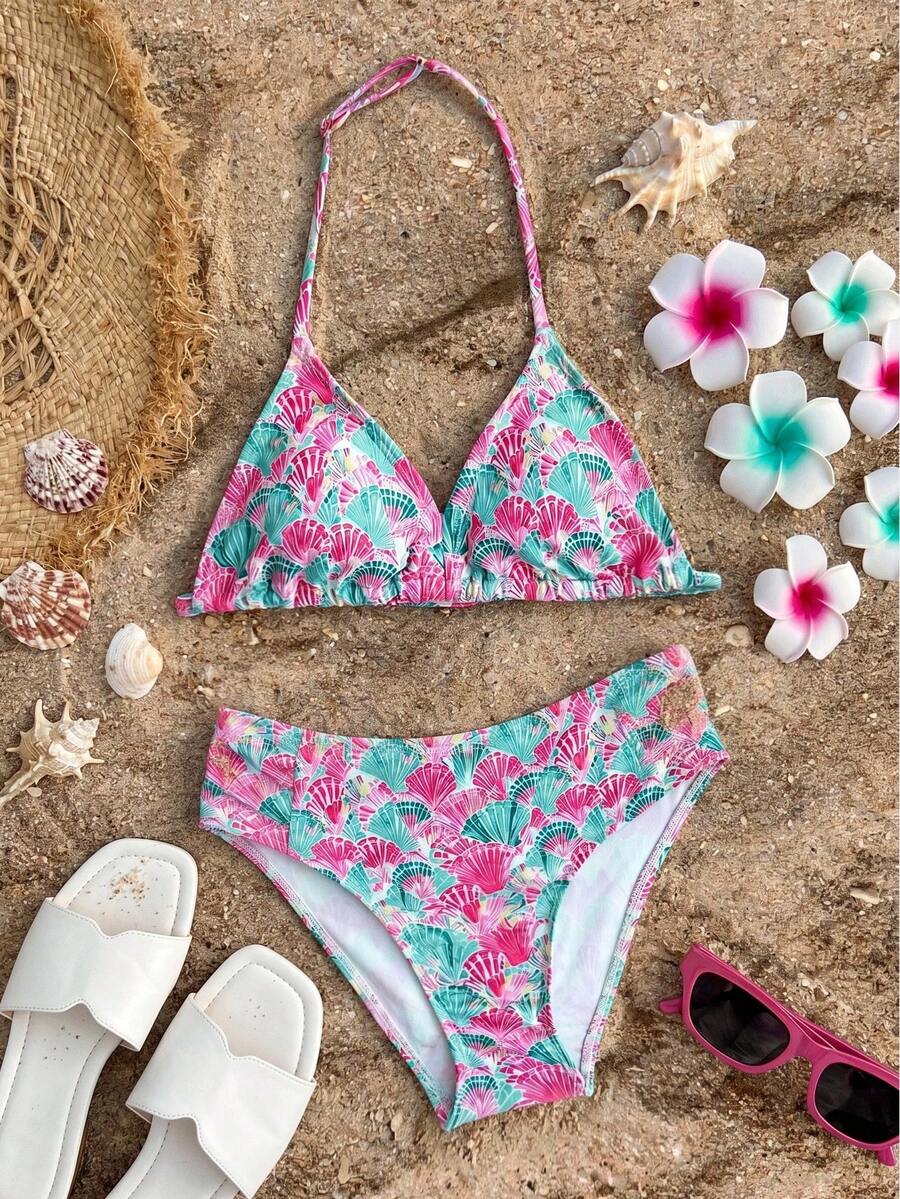 Girlism Bộ bikini hai mảnh in hình vỏ sò dành cho bé gái tuổi teen, kiểu dáng thường ngày đi nghỉ mát, trang phục đi biển, họa tiết vỏ sò, phong cách đi biển mùa hè, bộ bikini hở lưng. - Nhiều màu - Xem 1