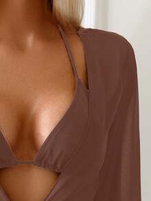 Swim Basics 女士纯色七分袖防晒海滩度假和服罩衫 - 咖啡棕 - 查看 4