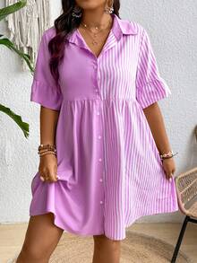 SHEIN Clasi 大码女式条纹短袖单排扣休闲衬衫裙 - 紫色 - 查看 5