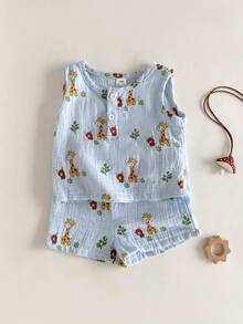 SHEIN 2pcs/Set Baby Boy Round Neck Button-Up Short Sleeve Top & Deer Print Shorts Set, Cute Casual Outfit For Spring/Summer - Baby Blue - View 1