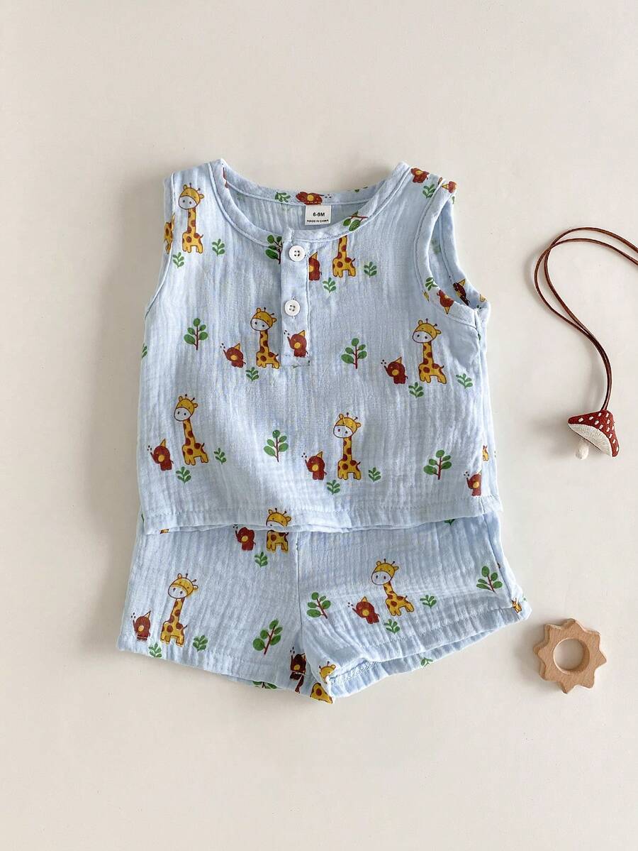 SHEIN 2pcs/Set Baby Boy Round Neck Button-Up Short Sleeve Top & Deer Print Shorts Set, Cute Casual Outfit For Spring/Summer - Baby Blue - View 1
