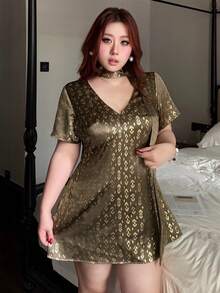 Dazy Plus Shiny Foil Pattern Satin Decorative Scarf Attached Short Waist Cinched Women Nightgown Pajamas - Olive Green - View 6
