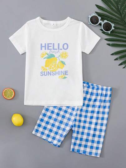 Young Boy Letter & Lemon Print Short Sleeve Top And Plaid Shorts Pajama Set
