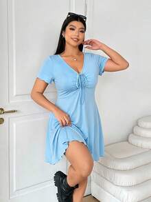 Solflare Vestido azul con cuello en V y detalle de nudo en la parte delantera para mujer talla grande para el Día de San Valentín - Azul - Ver 3