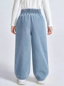 SHEIN Explorewe 年轻女孩简约碎花后口袋紧身喇叭牛仔裤 - 淺色水洗藍 - 查看 2