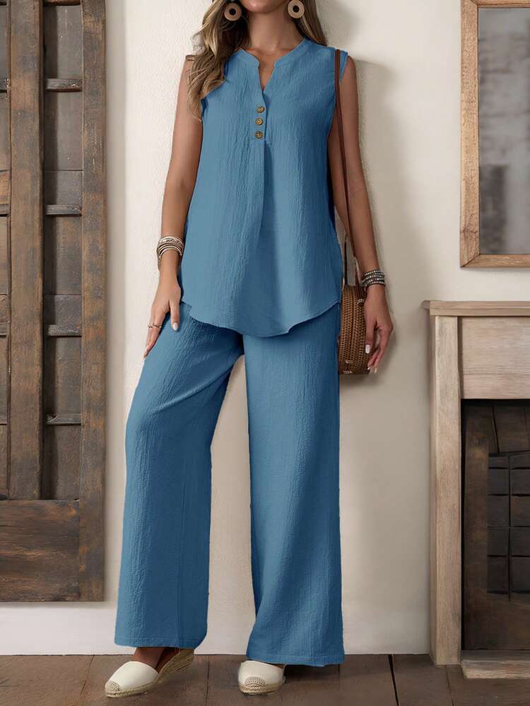 Faunlyn Textured Fabric Sleeveless Top And Wide Leg Pants 2 Pieces Set For Women - Blue - View 3