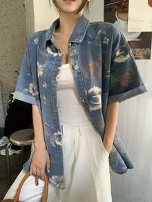 DAZY 女款花卉印花短袖單排扣休閒牛仔襯衫 夏季 - 藍色 - 查看 1