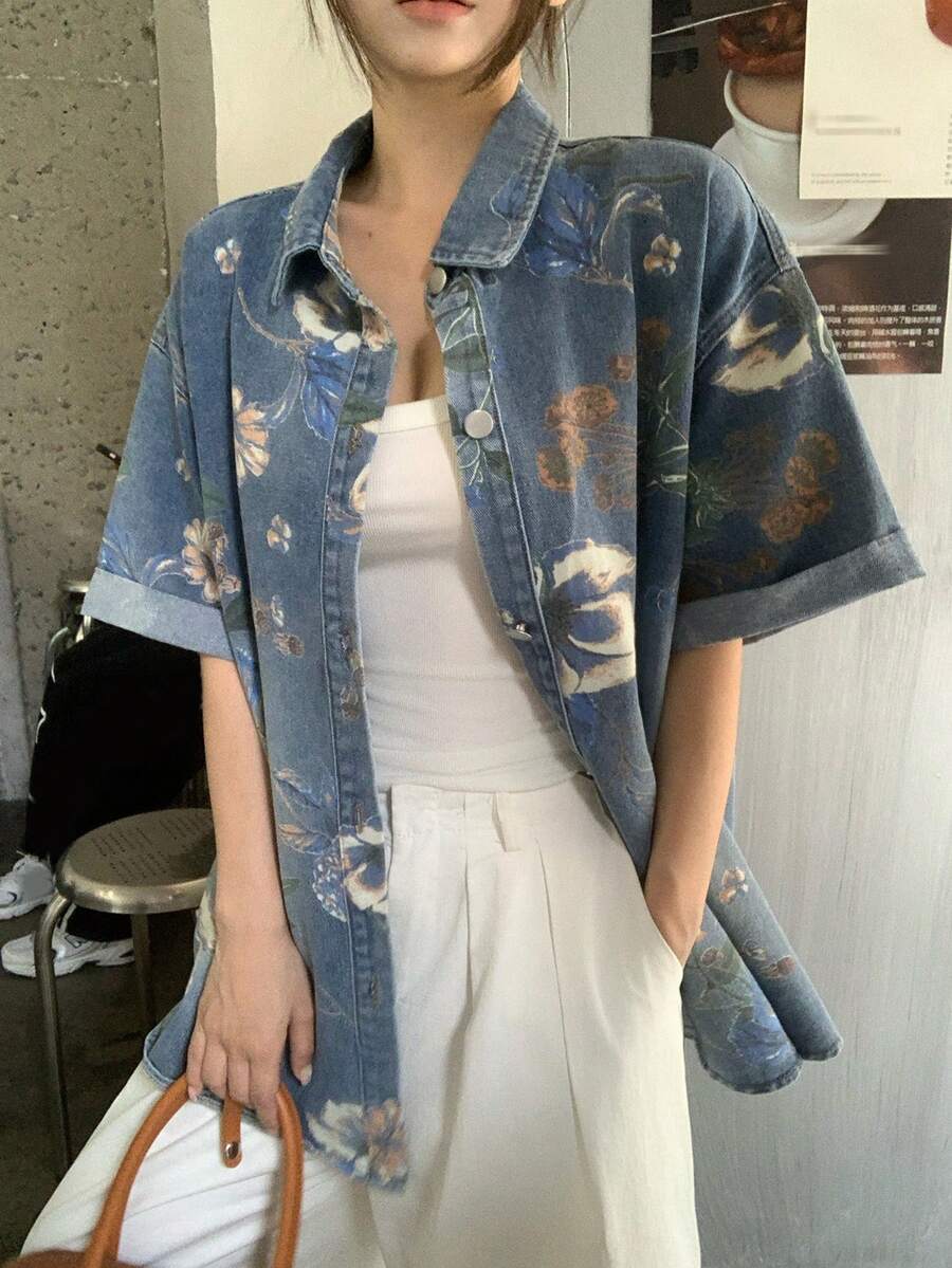 DAZY 女款花卉印花短袖單排扣休閒牛仔襯衫 夏季 - 藍色 - 查看 1