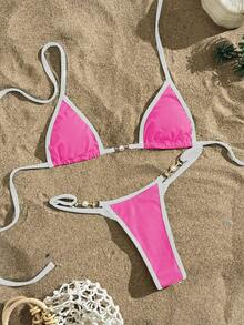 Swim Vcay Summer Beach Contrast Binding Halter Triangle Bikini Set - Hot Pink - View 4