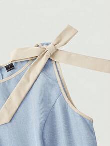 SHEIN Girlism 青少年女孩連身衣與連身褲 天藍色夏季優雅畢業圓領無袖連身褲 配對比滾邊、蝴蝶結裝飾、復古風格 - 藍色 - 查看 4
