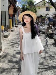 DAZY Áo hai dây phối ren cho nữ + Bộ đồ mặc nhà kiểu Hàn Quốc thanh lịch 2 món, thích hợp cho mùa xuân/hè. - trắng - Xem 6