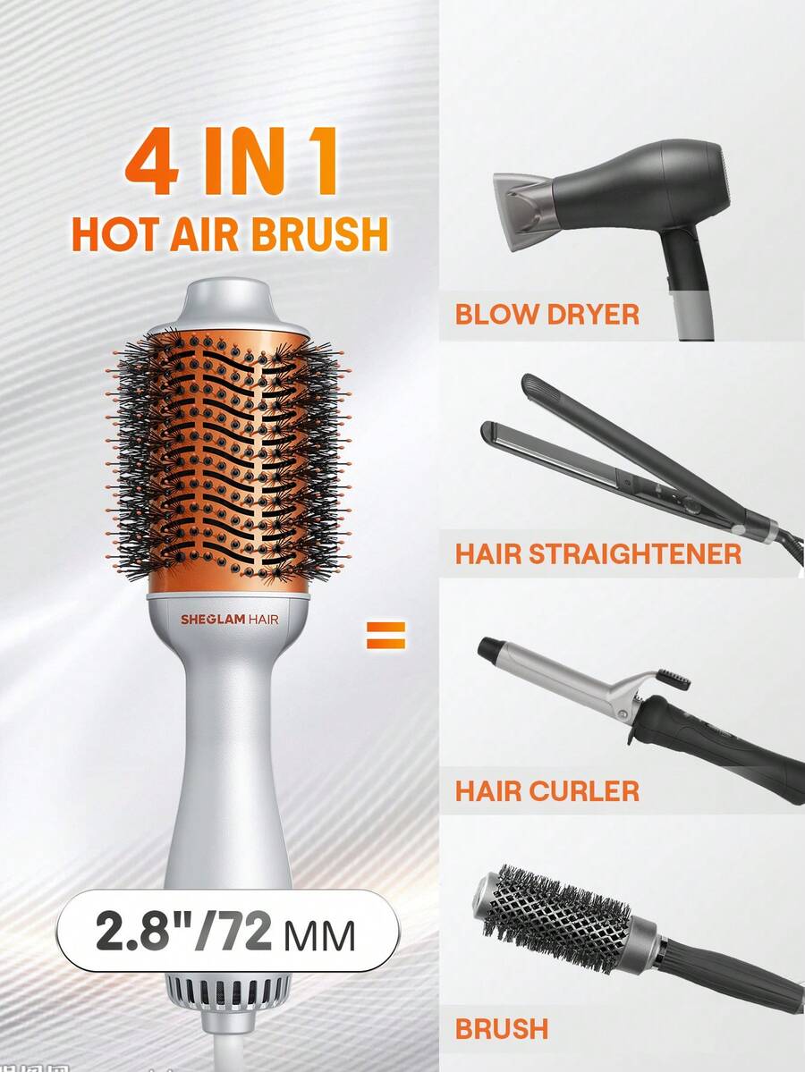 SHEGLAM HAIR Blowout Bliss Volumizing Hot Air Brush,Blow Dry Brush,Blow Dryer Brush,Hair Dryer And Styler Volumizer For Drying Straightening Curling Volumizing Hair,GLOSS PRO™ Coating,Motor Speed 33000RPM,Quick Blow Dry,3 Adjustable Temp Settings,No Tugs,No Tangles & No Snags Thermal Blowout Brush,Electric Brush For Style All Lengths & Textures - Silver - View 1