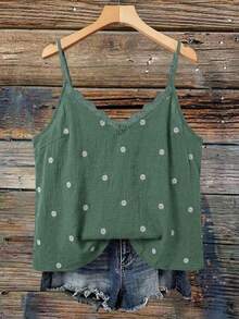 SHEIN VCAY Plus Size Women Daisy Embroidery Print V-Neck Ruffle Trim Loose Camisole - Olive Green - View 1