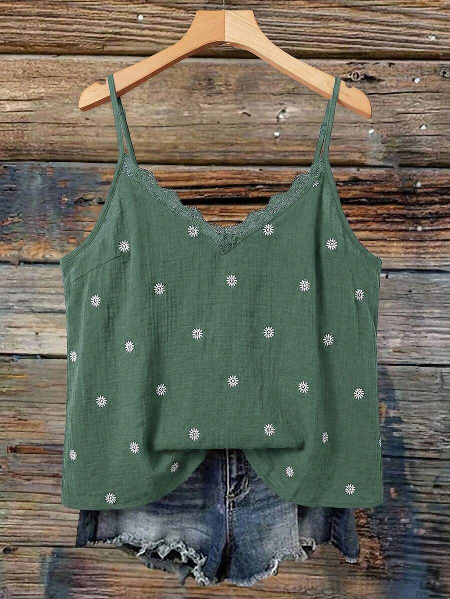 SHEIN VCAY Plus Size Women Daisy Embroidery Print V-Neck Ruffle Trim Loose Camisole - Olive Green - View 1