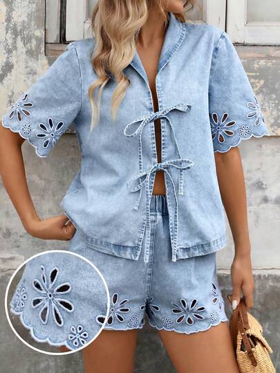 SHEIN 2Pcs Tween Girls Fashion Casual Y2k Vintage Cool Street Openwork Flower Embroidery Pattern Blue Denim Loose-Collared Top And Elastic Waistband Loose And Comfortable Embroidered Pattern Denim Shorts Set Of 2 Pieces For Kids Clothes Tween Girls Dailywear And Kids Spring To Summer Rave Outfits Festival And Outfits Streetwear Clothes