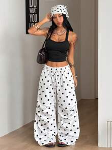 Coolane Women's Summer Streetwear Casual Cute Y2K Sport Game Day Basic Daily Wear Graphics Polka Dot White Baggy Low Rise Parachute Wide Leg Sweatpants - Black and White - View 2