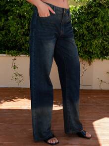 Bris Aura Women's Straight Leg Loose Casual Pockets Jeans, Versatile, Back To School, Western Wear Women - Dark Wash - View 6