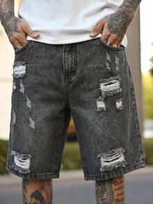 Devon Thys Men's Casual Distressed Straight Leg Denim Shorts, Dark Grey, Street Style For Spring/Summer - Dark Grey - View 3