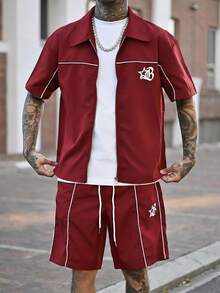 Devon Thys 2pcs Men's Star Print Zip Front Short Sleeve Shirt And Shorts Set With Contrast Trim Men's Co Ord Set Men's Red Short Set Men's Short Set Men's 2 Pieces Short Set Red Red Casual Men Set - Burgundy - View 3