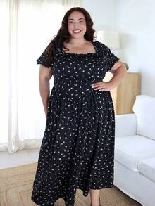 Pretty and Ole Plus Size Ditsy Floral Lantern Sleeve Ruffled A-Line Dress For Women Elegant Summer - Black - View 6
