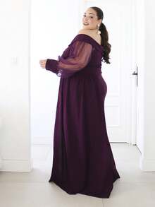 Pretty and Ole Plus Size Mesh Patchwork Off-Shoulder Party Dress - Purple - View 6