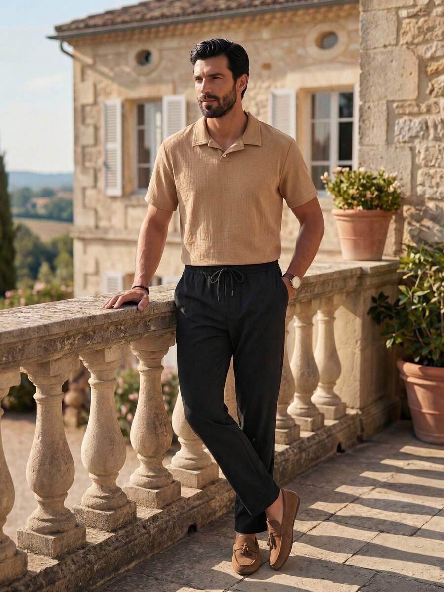 HIMLAND Men's Solid Color Short Sleeve Half-Placket Casual Shirt Set, Summer - Brown - View 1