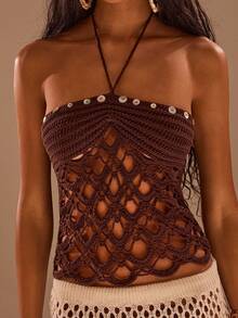 Opulessa Handmade Hollow Out Knitted Halter Neck Top - Brown - View 6