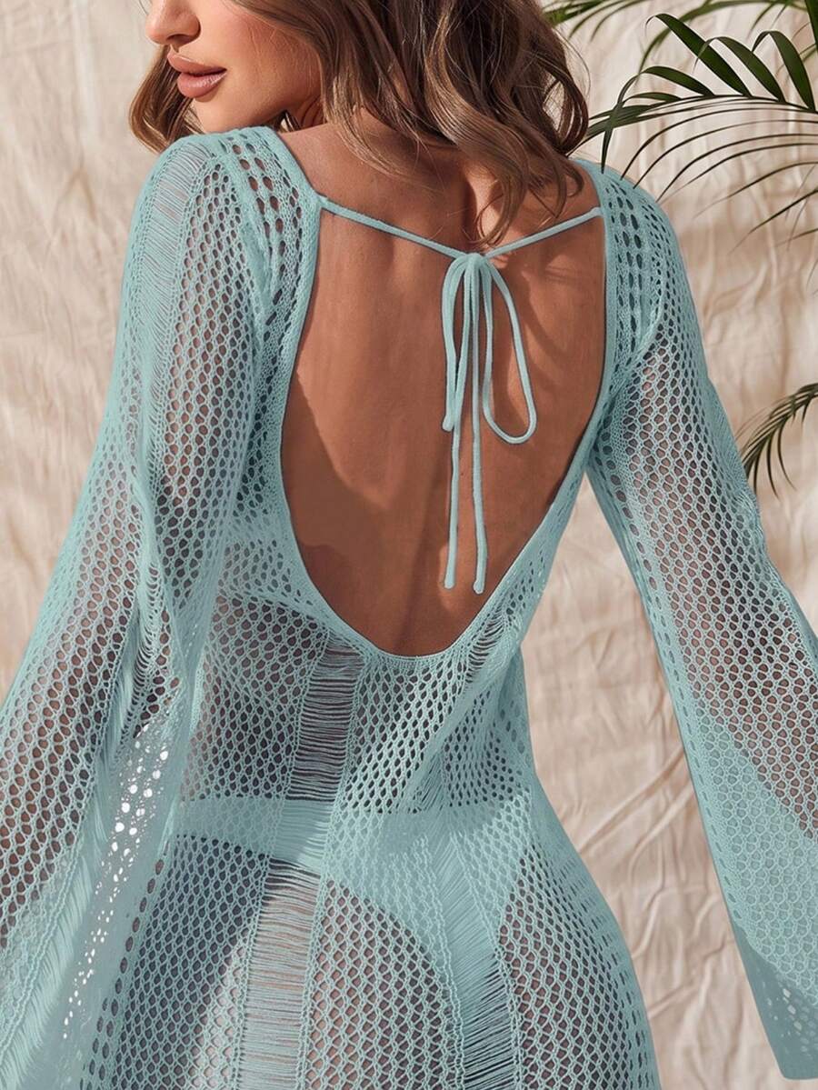 Swim Chiccia Women's Solid Color Hollow Out Casual Vacation Coverup Dress - Mint Blue - View 1