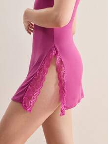 Hourtrue 2pcs Lace Patchwork Bowknot Decor Romantic Side Slit Strap Nightgownfor Summer - Multicolor - View 9