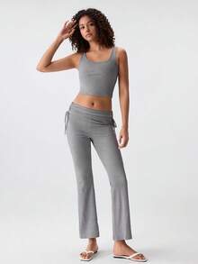 Loungeista 2pcs Set Spring Summer Autumn Casual Pajamas, Solid Color Drawstring Flared Pants Loungewear Set, Slimming Commuter Sleepwearfor Summer - Grey - View 5