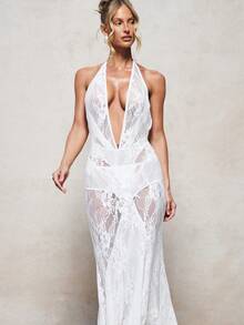 KIZN Vestido largo elegante de encaje con cuello halter y escote profundo, sin mangas, transparente, de longitud hasta el suelo, ajustado, para fiesta formal, boda o evento - Blanco - Ver 2