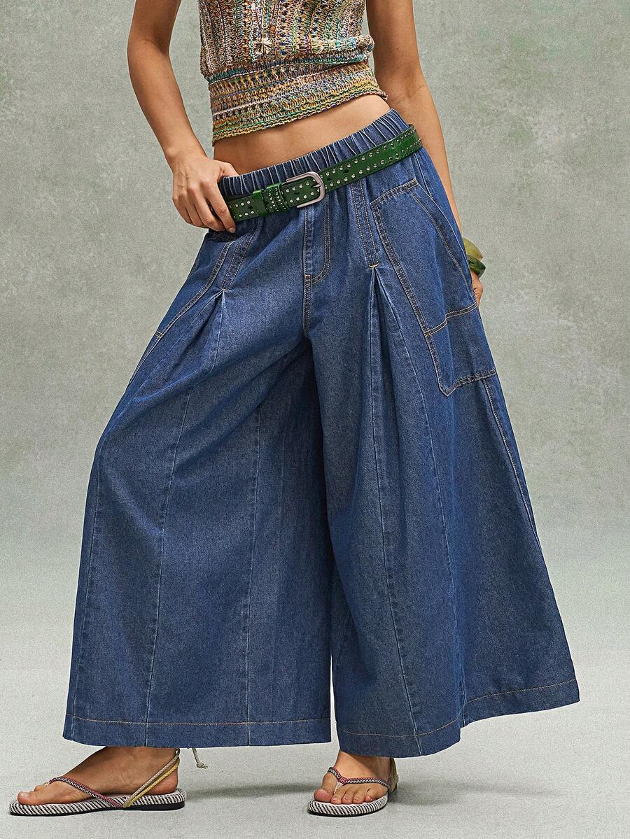 Bohemela BohoFeels Tenue bohème printemps/été : Pantalon ample en denim lavé, coupe large et cropped, style bohème décontracté pour femme. Parfait pour les escapades décontractées, les concerts de style western/country, les festivals de musique et les soirées. Convient pour les tenues de vacances à la plage, le port quotidien, la rentrée scolaire, les sorties et les soirées. Idéal aussi pour les looks inspirés des années 2000, la mode Y2K et les tenues estivales. - Bleu azur - Voir 1