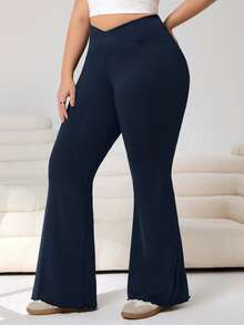 Solflare Pantalones acampanados de talla grande con cintura elástica en V de unicolor - Azul Marino - Ver 4