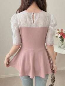 FRIFUL Women's Contrast Color Patchwork Sheer Lace Slim Fit Casual T-Shirt, Suitable For Spring And Summer - Pink - View 2