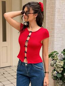 Cévolie Maglia a girocollo rossa a maniche corte in maglia con taglio a goccia e fiocco decorativo - Rosso - Visualizzare 7