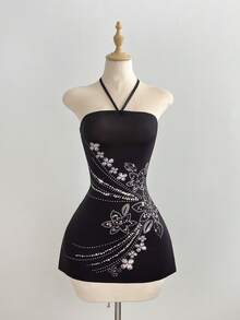 Elamini Casual Vacation Party Strapless Strapless Mini Black Dress - Black - View 3