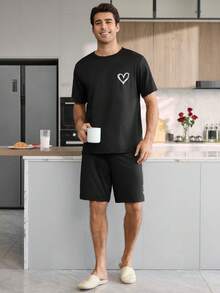 CoupledUp Bộ đồ ngủ nam tối giản cổ tròn in hình trái tim - màu đen - Xem 5