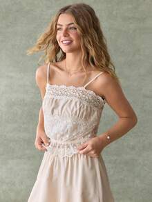 WESTFADE Mixed Lace Tiered Ruffle Sleeveless Tank Top Cami - Khaki - View 3
