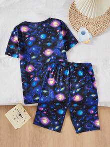 青少年男孩黑色極簡太空人與行星螢光印花短袖T恤與短褲2件式睡衣套裝 - 彩色 - 查看 2