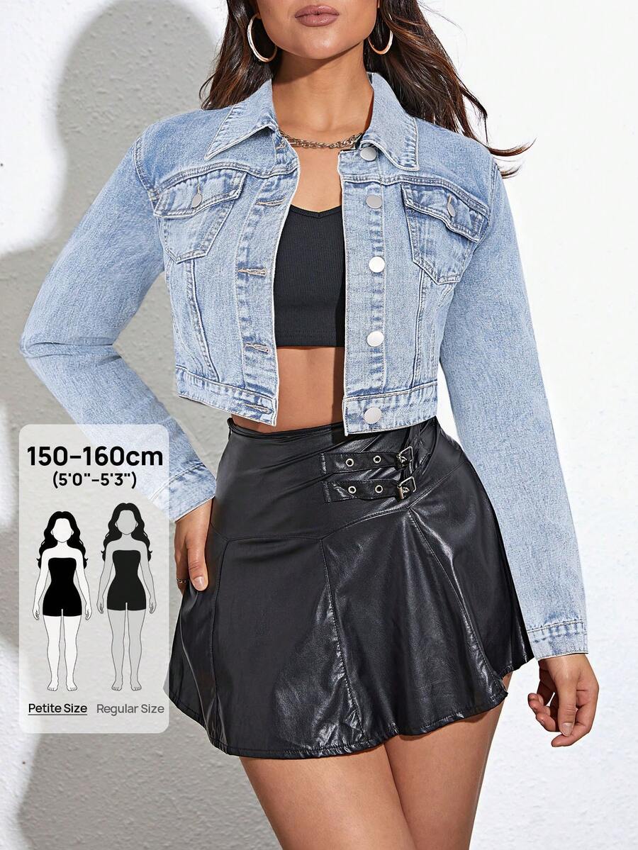 SHEIN PETITE 女款休閒日常水洗前開鈕扣翻蓋口袋牛仔外套,小碼返校季淺藍色秋季旅行款 - 淺色水洗藍 - 查看 1